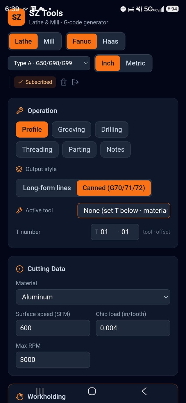 Lathe screen: machine, control and units toggles, the lathe operations, output style, active tool and cutting data.