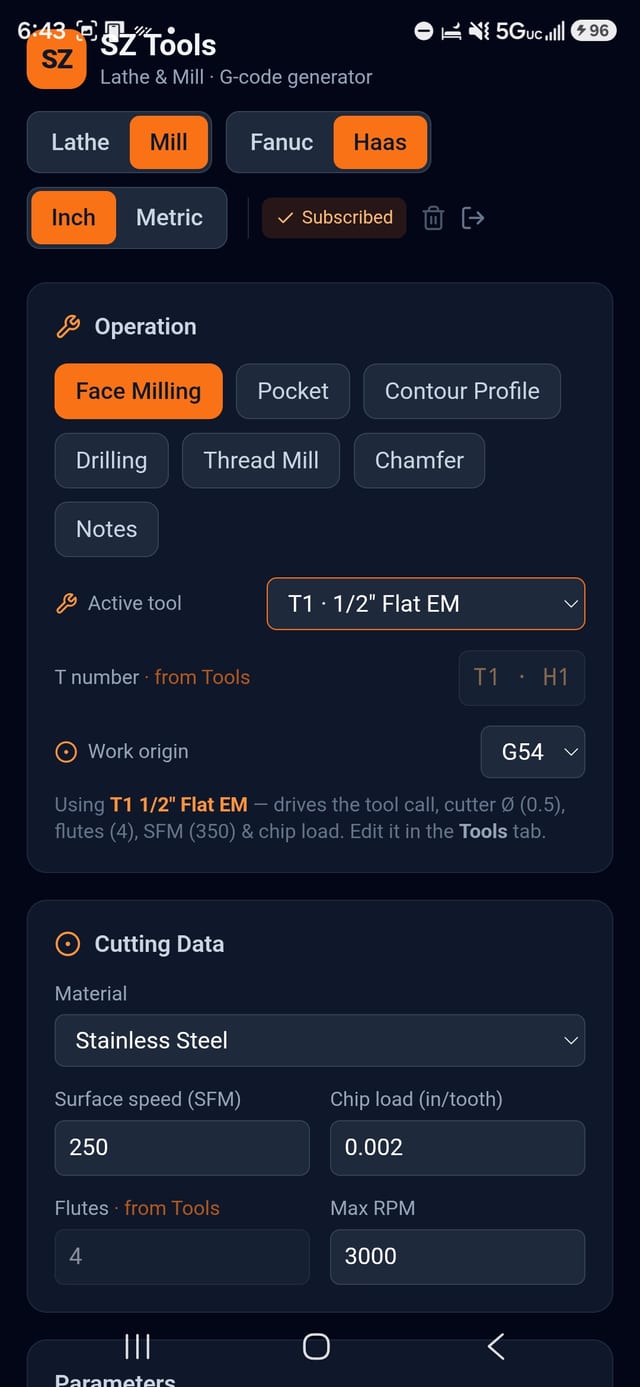 Mill screen on a Haas control: the milling operations, active tool, work origin and cutting data.