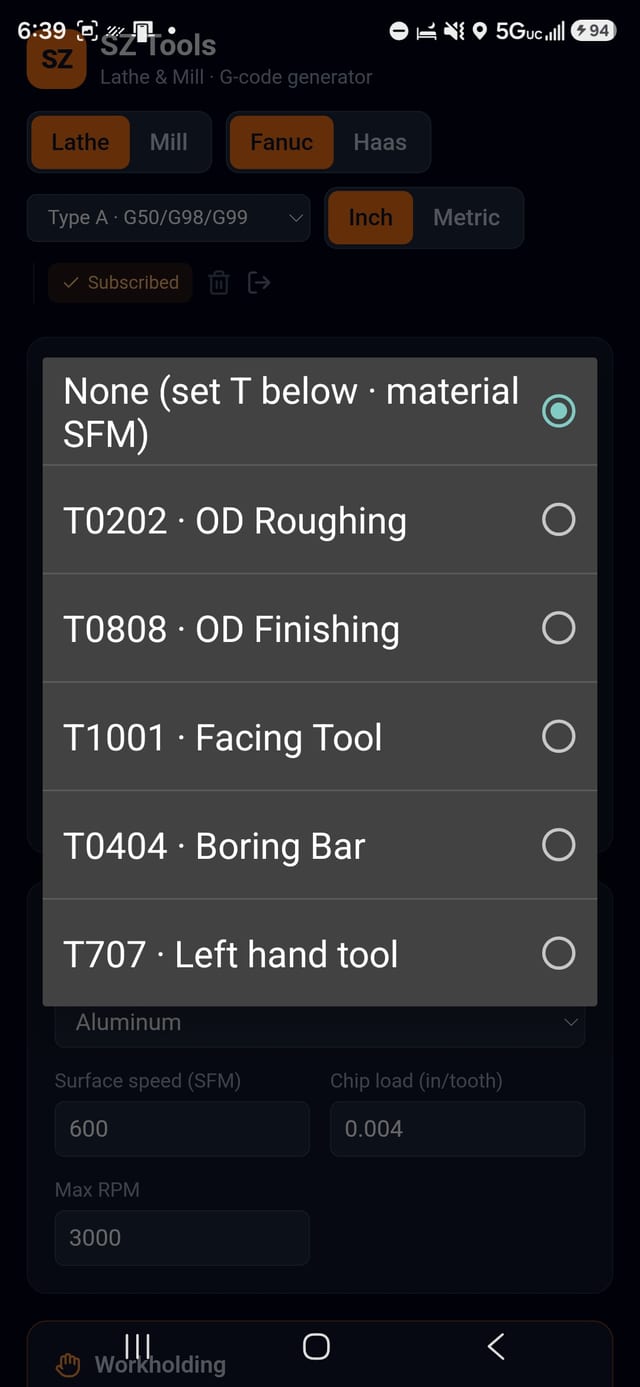 Active tool picker listing the saved lathe tools by station number and name.
