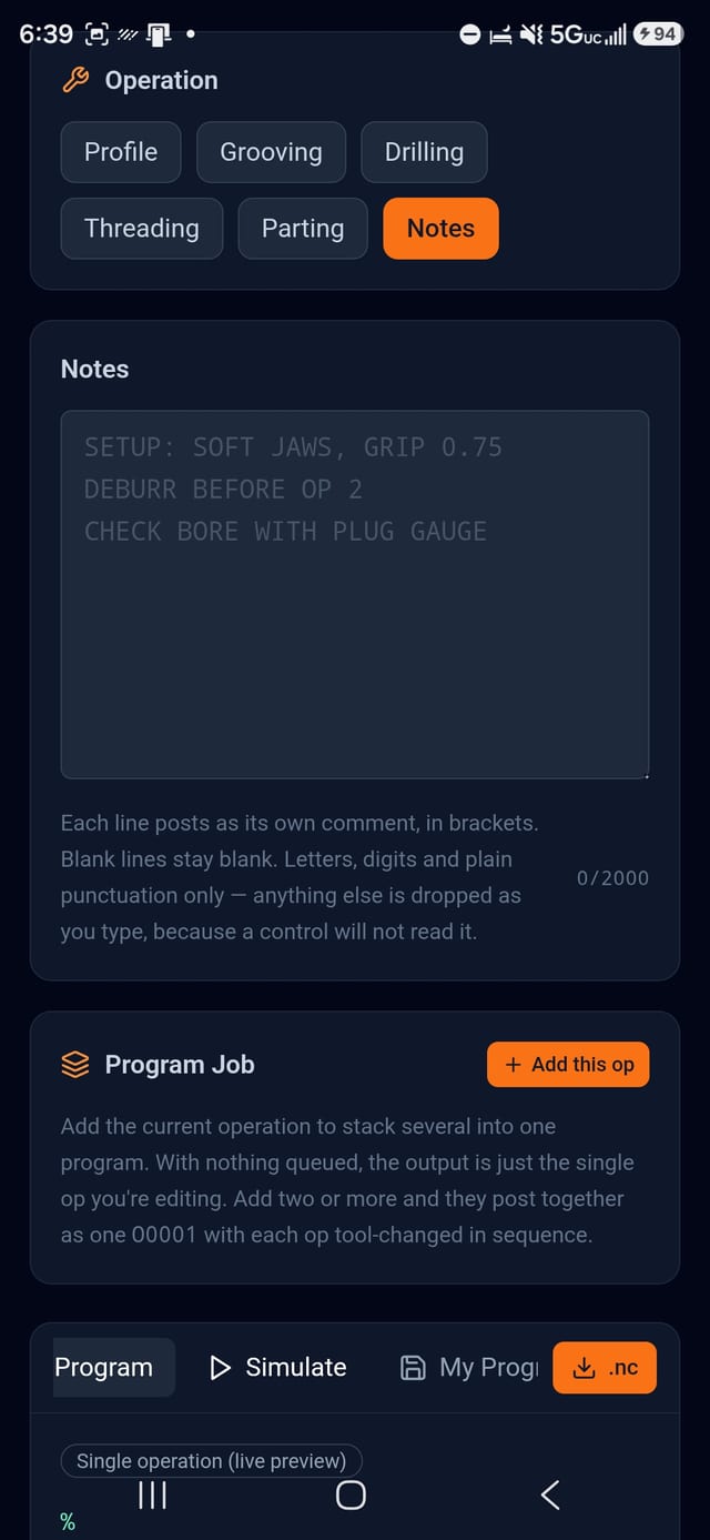 The Notes operation with a typing box, showing setup lines that will post as program comments.