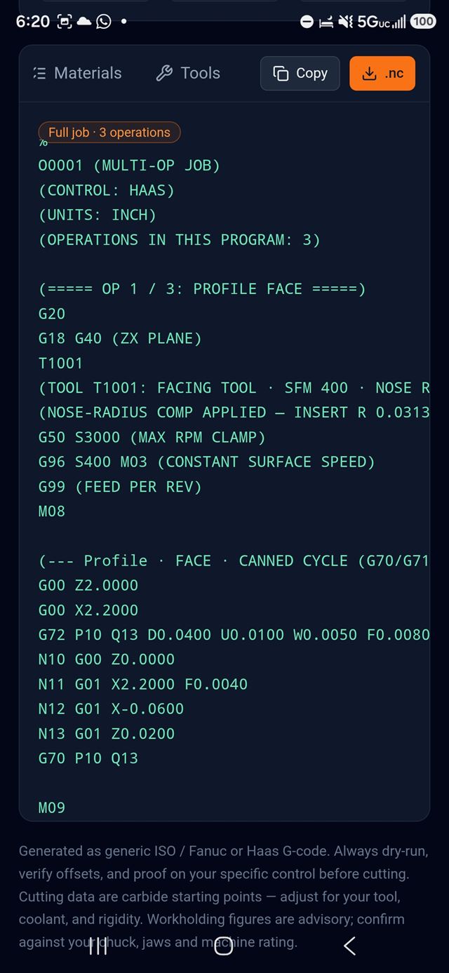 Posted multi-operation program showing a G72 facing cycle with its profile blocks and G70 finish pass.