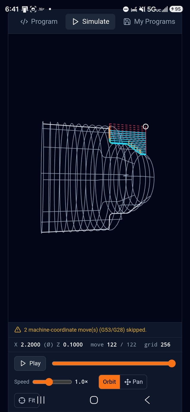 Simulator showing a turned part: stock wireframe, the finished profile and the colour-coded toolpath, with the position readout and playback controls below the view.
