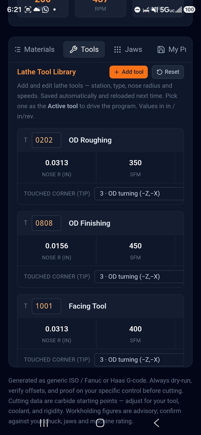 Lathe tool library with station numbers, nose radius, surface speed and touched corner.